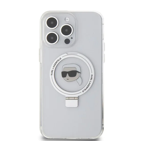 Калъф за iPhone 15 Pro Max - Karl Lagerfeld Hardcase Ring Stand MagSafe (KLHMP15XHHMRSKHH) - White Karl Head