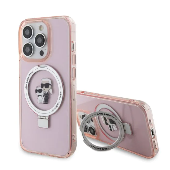 Калъф за iPhone 15 Pro Max - Karl Lagerfeld Hardcase Ring Stand MagSafe (KLHMP15XHHMMRSKCP) - Pink Karl&Choupette
