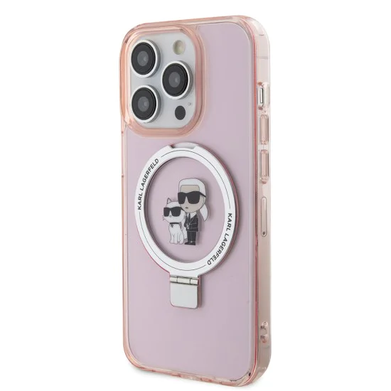 Калъф за iPhone 15 Pro Max - Karl Lagerfeld Hardcase Ring Stand MagSafe (KLHMP15XHHMMRSKCP) - Pink Karl&Choupette
