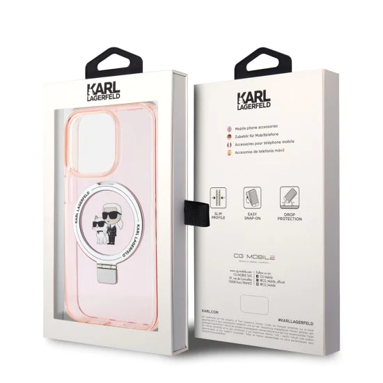 Калъф за iPhone 15 Pro Max - Karl Lagerfeld Hardcase Ring Stand MagSafe (KLHMP15XHHMMRSKCP) - Pink Karl&Choupette