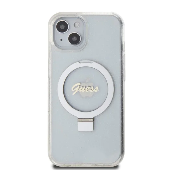 Калъф за iPhone 15 - Guess Ring Stand Script Glitter MagSafe (GUHMP15SHRSGSD) - Прозрачен
