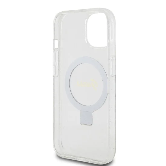 Калъф за iPhone 15 - Guess Ring Stand Script Glitter MagSafe (GUHMP15SHRSGSD) - Прозрачен