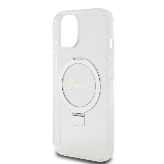 Калъф за iPhone 15 - Guess Ring Stand Script Glitter MagSafe (GUHMP15SHRSGSD) - Прозрачен