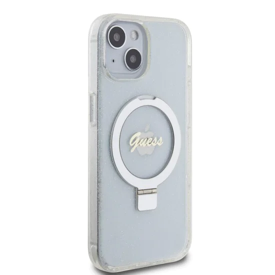 Калъф за iPhone 15 - Guess Ring Stand Script Glitter MagSafe (GUHMP15SHRSGSD) - Прозрачен
