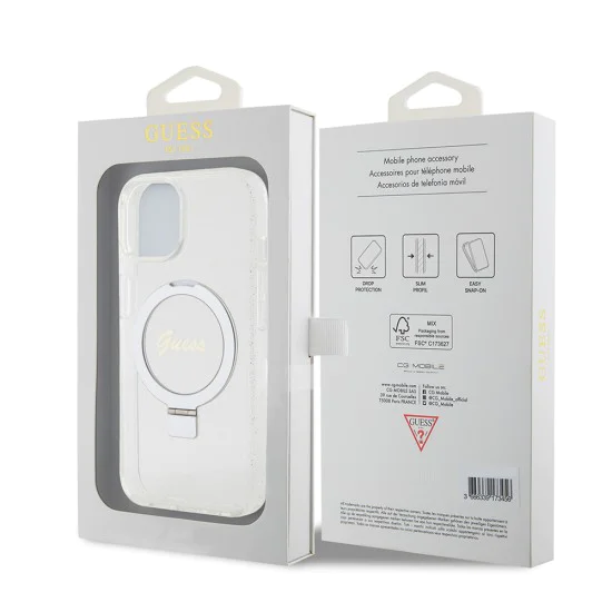 Калъф за iPhone 15 - Guess Ring Stand Script Glitter MagSafe (GUHMP15SHRSGSD) - Прозрачен