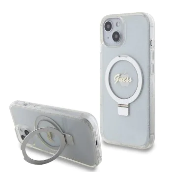Калъф за iPhone 15 - Guess Ring Stand Script Glitter MagSafe (GUHMP15SHRSGSD) - Прозрачен