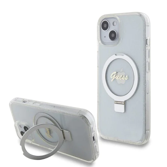 Калъф за iPhone 15 - Guess Ring Stand Script Glitter MagSafe (GUHMP15SHRSGSD) - Прозрачен