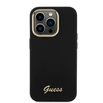 Калъф за iPhone 15 Pro - Guess Silicone Script Metal Metal Logo & Frame (GUHCP15LSMBSLK) - Черен