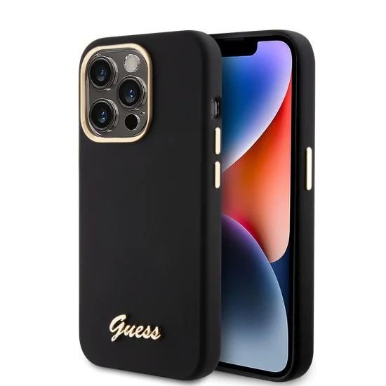 Калъф за iPhone 15 Pro - Guess Silicone Script Metal Metal Logo & Frame (GUHCP15LSMBSLK) - Черен