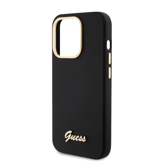 Калъф за iPhone 15 Pro - Guess Silicone Script Metal Metal Logo & Frame (GUHCP15LSMBSLK) - Черен