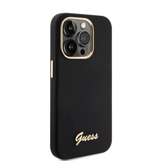 Калъф за iPhone 15 Pro - Guess Silicone Script Metal Metal Logo & Frame (GUHCP15LSMBSLK) - Черен