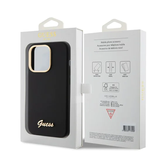 Калъф за iPhone 15 Pro - Guess Silicone Script Metal Metal Logo & Frame (GUHCP15LSMBSLK) - Черен