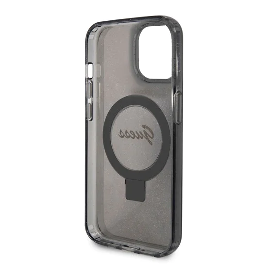 Калъф за iPhone 15 - Guess Ring Stand Script Glitter Glitter MagSafe (GUHMP15SHRSGSK) - черен