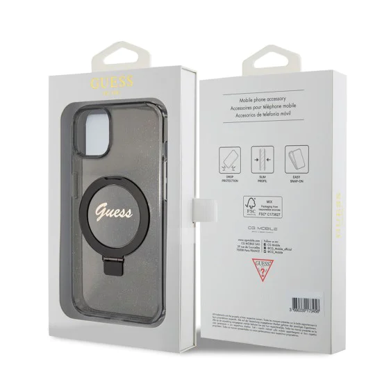 Калъф за iPhone 15 - Guess Ring Stand Script Glitter Glitter MagSafe (GUHMP15SHRSGSK) - черен