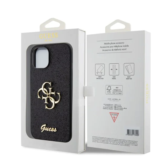 Калъф за iPhone 15 - Guess Glitter Script Big 4G (GUHCP15SHG4SGGK) - Черен