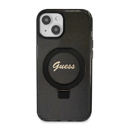 Калъф за iPhone 15 Plus - Guess Ring Stand Script Glitter MagSafe (GUHMP15MHRSGSK) - черен