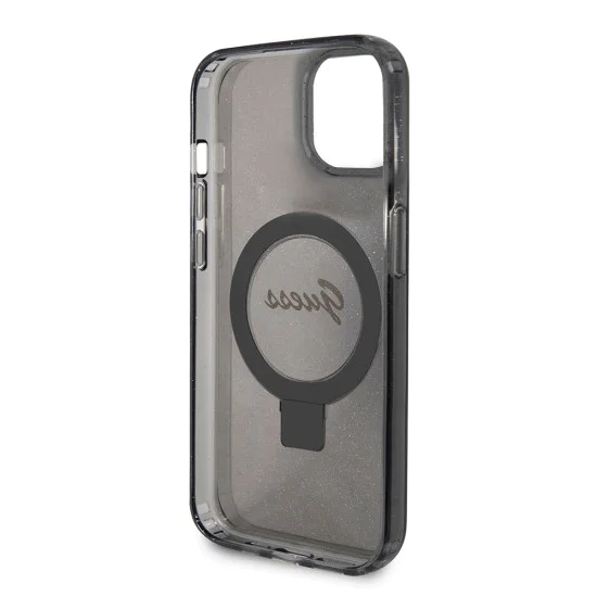 Калъф за iPhone 15 Plus - Guess Ring Stand Script Glitter MagSafe (GUHMP15MHRSGSK) - черен