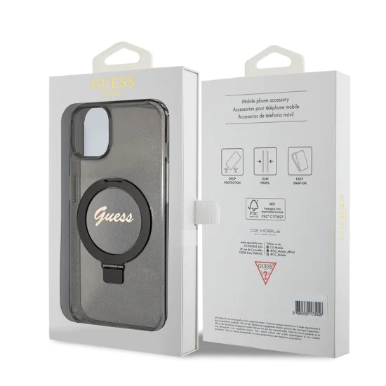 Калъф за iPhone 15 Plus - Guess Ring Stand Script Glitter MagSafe (GUHMP15MHRSGSK) - черен