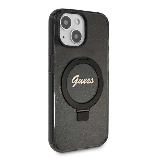 Калъф за iPhone 15 Plus - Guess Ring Stand Script Glitter MagSafe (GUHMP15MHRSGSK) - черен
