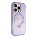 Калъф за iPhone 15 Pro - Guess Ring Stand Script Glitter MagSafe (GUHMP15LHRSGSU) - Лилав