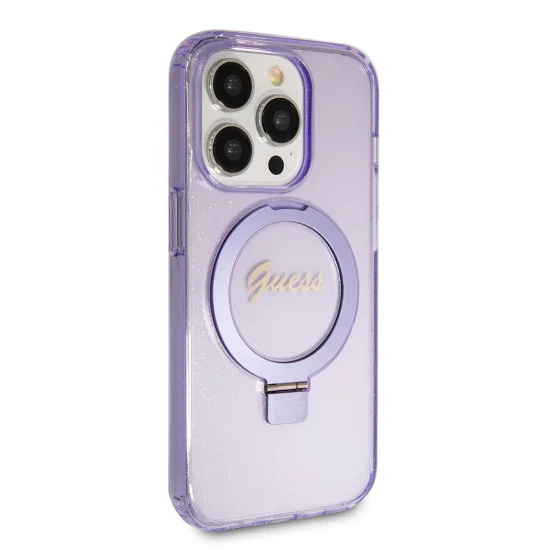 Калъф за iPhone 15 Pro - Guess Ring Stand Script Glitter MagSafe (GUHMP15LHRSGSU) - Лилав