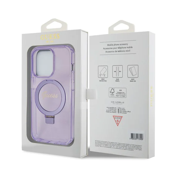 Калъф за iPhone 15 Pro - Guess Ring Stand Script Glitter MagSafe (GUHMP15LHRSGSU) - Лилав
