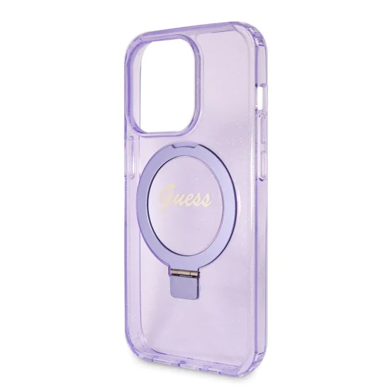 Калъф за iPhone 15 Pro - Guess Ring Stand Script Glitter MagSafe (GUHMP15LHRSGSU) - Лилав