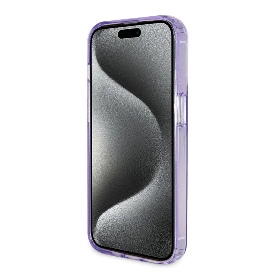 Калъф за iPhone 15 Pro - Guess Ring Stand Script Glitter MagSafe (GUHMP15LHRSGSU) - Лилав