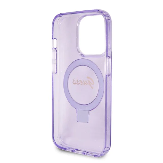 Калъф за iPhone 15 Pro - Guess Ring Stand Script Glitter MagSafe (GUHMP15LHRSGSU) - Лилав