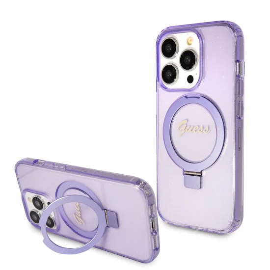 Калъф за iPhone 15 Pro - Guess Ring Stand Script Glitter MagSafe (GUHMP15LHRSGSU) - Лилав