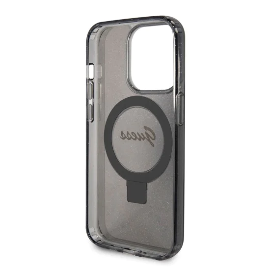 Калъф за iPhone 15 Pro - Guess Ring Stand Script Script Glitter MagSafe (GUHMP15LHRSGSK) - Черен