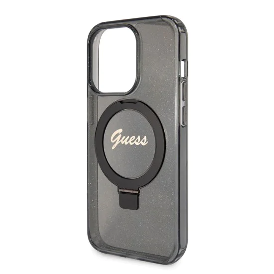 Калъф за iPhone 15 Pro - Guess Ring Stand Script Script Glitter MagSafe (GUHMP15LHRSGSK) - Черен