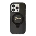 Калъф за iPhone 15 Pro - Guess Ring Stand Script Script Glitter MagSafe (GUHMP15LHRSGSK) - Черен
