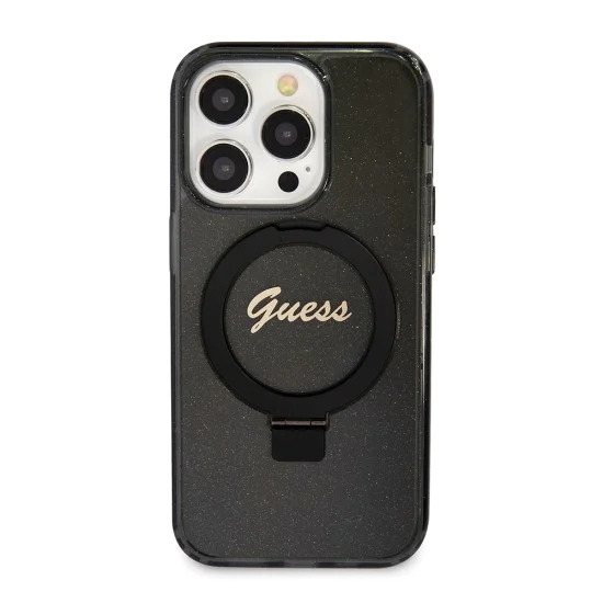 Калъф за iPhone 15 Pro - Guess Ring Stand Script Script Glitter MagSafe (GUHMP15LHRSGSK) - Черен