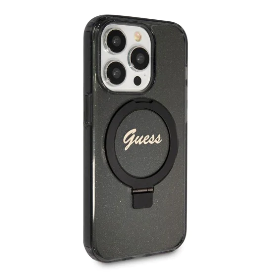 Калъф за iPhone 15 Pro - Guess Ring Stand Script Script Glitter MagSafe (GUHMP15LHRSGSK) - Черен