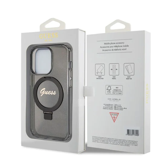 Калъф за iPhone 15 Pro - Guess Ring Stand Script Script Glitter MagSafe (GUHMP15LHRSGSK) - Черен
