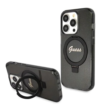 Калъф за iPhone 15 Pro - Guess Ring Stand Script Script Glitter MagSafe (GUHMP15LHRSGSK) - Черен