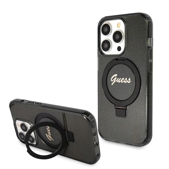 Калъф за iPhone 15 Pro - Guess Ring Stand Script Script Glitter MagSafe (GUHMP15LHRSGSK) - Черен