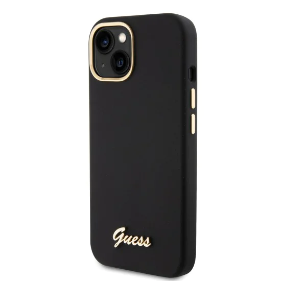 Калъф за iPhone 15 - Guess Silicone Script Metal Metal Logo & Frame (GUHCP15SSMBSLK) - Черен