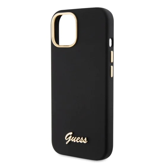 Калъф за iPhone 15 - Guess Silicone Script Metal Metal Logo & Frame (GUHCP15SSMBSLK) - Черен