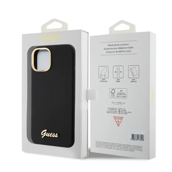 Калъф за iPhone 15 - Guess Silicone Script Metal Metal Logo & Frame (GUHCP15SSMBSLK) - Черен