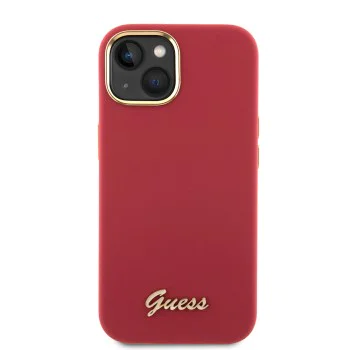 Калъф за iPhone 15 - Guess Silicone Script Metal Logo & Frame (GUHCP15SSMBSLM) - Червен