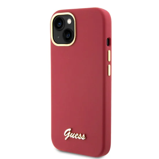 Калъф за iPhone 15 - Guess Silicone Script Metal Logo & Frame (GUHCP15SSMBSLM) - Червен