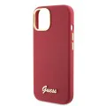 Калъф за iPhone 15 - Guess Silicone Script Metal Logo & Frame (GUHCP15SSMBSLM) - Червен