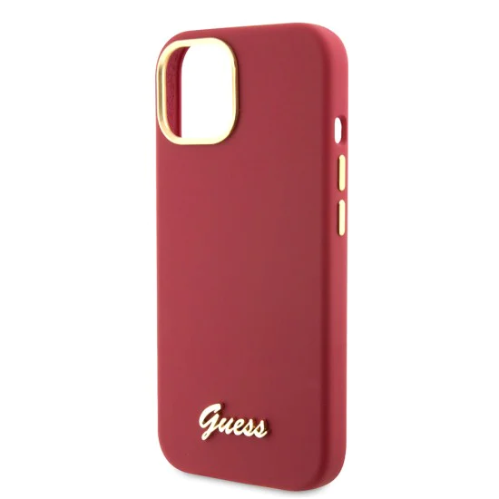 Калъф за iPhone 15 - Guess Silicone Script Metal Logo & Frame (GUHCP15SSMBSLM) - Червен
