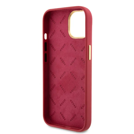 Калъф за iPhone 15 - Guess Silicone Script Metal Logo & Frame (GUHCP15SSMBSLM) - Червен