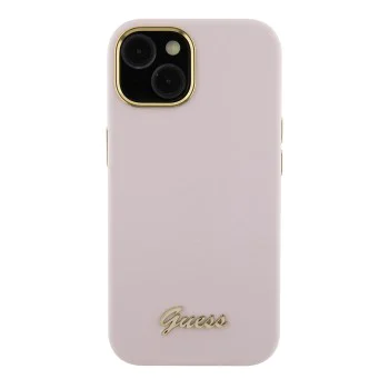Калъф за iPhone 15 - Guess Silicone Script Metal Metal Logo & Frame (GUHCP15SSMBSLP) - светло розов