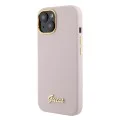 Калъф за iPhone 15 - Guess Silicone Script Metal Metal Logo & Frame (GUHCP15SSMBSLP) - светло розов