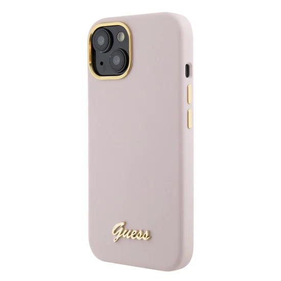Калъф за iPhone 15 - Guess Silicone Script Metal Metal Logo & Frame (GUHCP15SSMBSLP) - светло розов