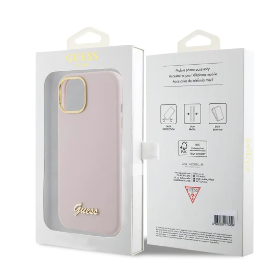 Калъф за iPhone 15 - Guess Silicone Script Metal Metal Logo & Frame (GUHCP15SSMBSLP) - светло розов